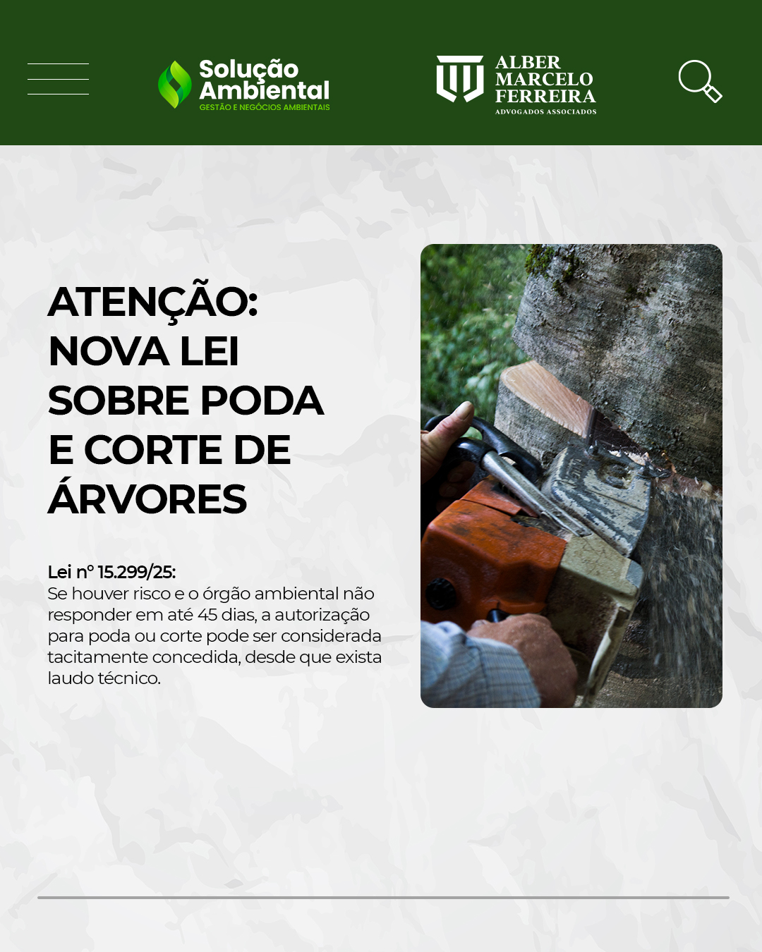 🚨 ATENÇÃO: nova lei sobre poda e corte de árvores em caso de risco

Foi publicada a Lei nº 15.299/25, que alterou a Lei de Crimes Ambientais (Lei 9.605/98) e trouxe uma mudança importante para situações em que árvores representam risco à integridade de pessoas ou bens.

Agora, quando houver pedido formal de poda ou corte acompanhado de laudo técnico, e o órgão ambiental não se manifestar em até 45 dias, a autorização poderá ser considerada tacitamente concedida.

⚖️ Na prática, isso significa mais segurança jurídica, menos insegurança causada pela omissão administrativa e a possibilidade de contratar profissional ou empresa habilitada para realizar o serviço após o prazo legal.

🌱 A medida busca garantir soluções mais rápidas e seguras em situações de risco iminente.
Fonte: Migalhas