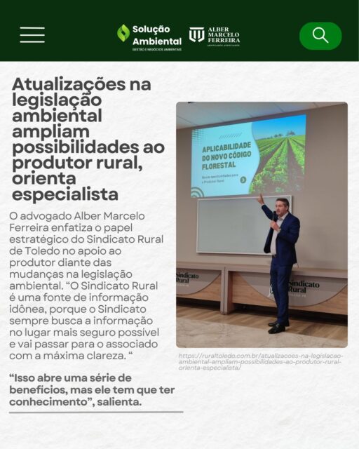 No dia 19 de março de 2026, estivemos em Toledo orientando produtores rurais sobre as atualizações na legislação ambiental e os impactos diretos no dia a dia no campo.

Em um cenário que está em constante evolução, compreender as novas exigências não é apenas uma obrigação — é uma oportunidade de atuar com mais segurança, evitar riscos e aproveitar novas possibilidades dentro da lei.

Nosso objetivo foi traduzir essas mudanças de forma clara e prática, ajudando o produtor a tomar decisões mais estratégicas e seguras para o seu negócio.

Seguimos firmes ao lado do agro, levando informação, segurança jurídica e apoio para quem faz o campo acontecer.

Quer saber mais sobre essas atualizações?
Clique no link e veja mais:
https://ruraltoledo.com.br/atualizacoes-na-legislacao-ambiental-ampliam-possibilidades-ao-produtor-rural-orienta-especialista/

#Agro #ProdutorRural #LegislaçãoAmbiental #Agronegócio #ToledoPR #ConsultoriaRural #AgroBrasil