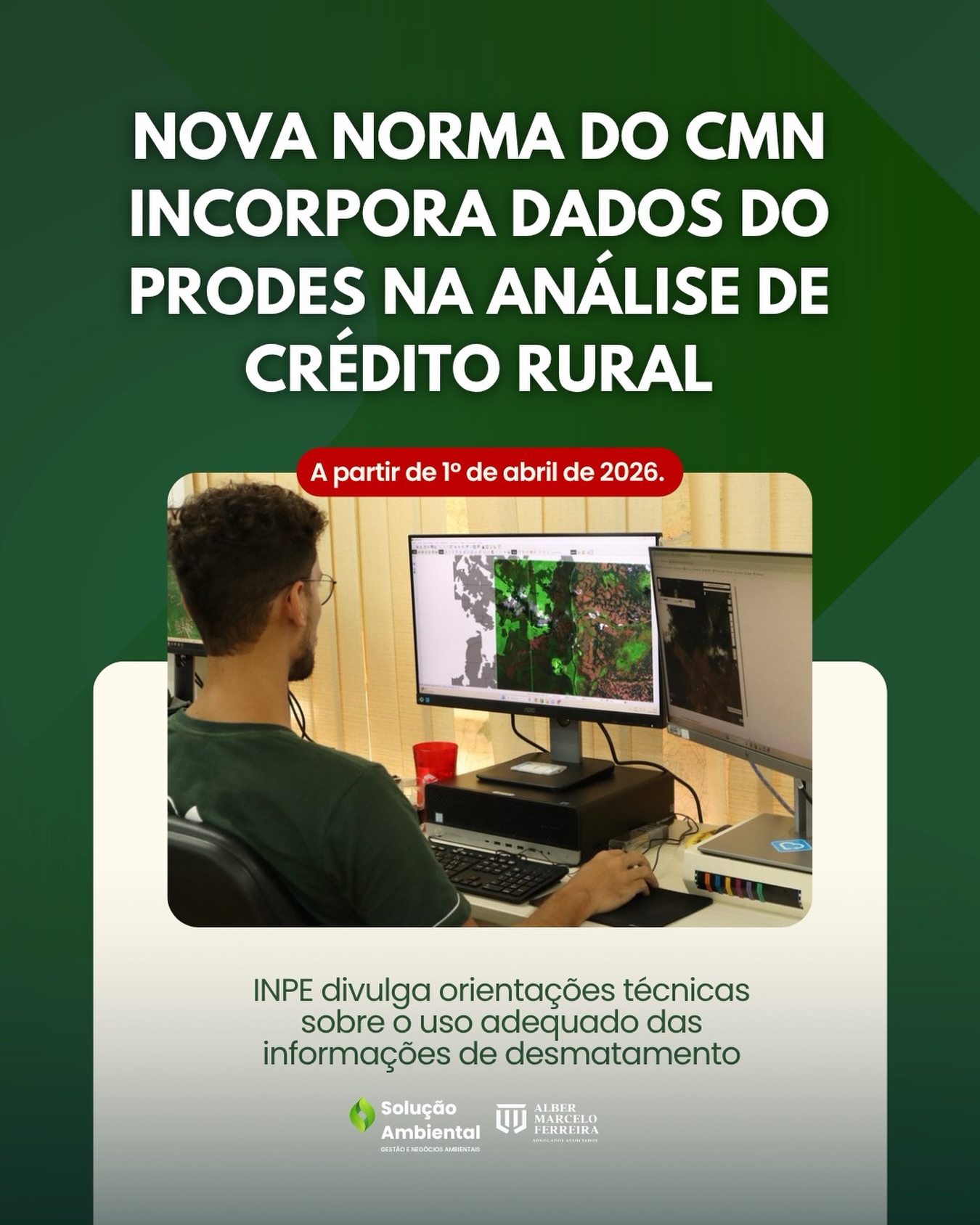 🚨 Produtor rural, atenção! Isso muda o jogo.
A partir de 1º de abril de 2026, a análise de crédito rural passa a considerar dados do PRODES — ou seja, o histórico de desmatamento da sua área entra na conta na hora de liberar financiamento.
💡 O que isso significa na prática?
Se houver inconsistências ou indícios de irregularidade ambiental, o acesso ao crédito pode ficar mais difícil.
✔️ Regularização ambiental deixa de ser só obrigação…
👉 passa a ser estratégia financeira.
Se você depende de crédito para produzir, investir ou expandir, não dá mais para deixar isso para depois.
⚠️ Este é o momento de revisar sua área, sua documentação e garantir que está tudo em conformidade.
📲 Fique atento. Quem se antecipa, sai na frente.