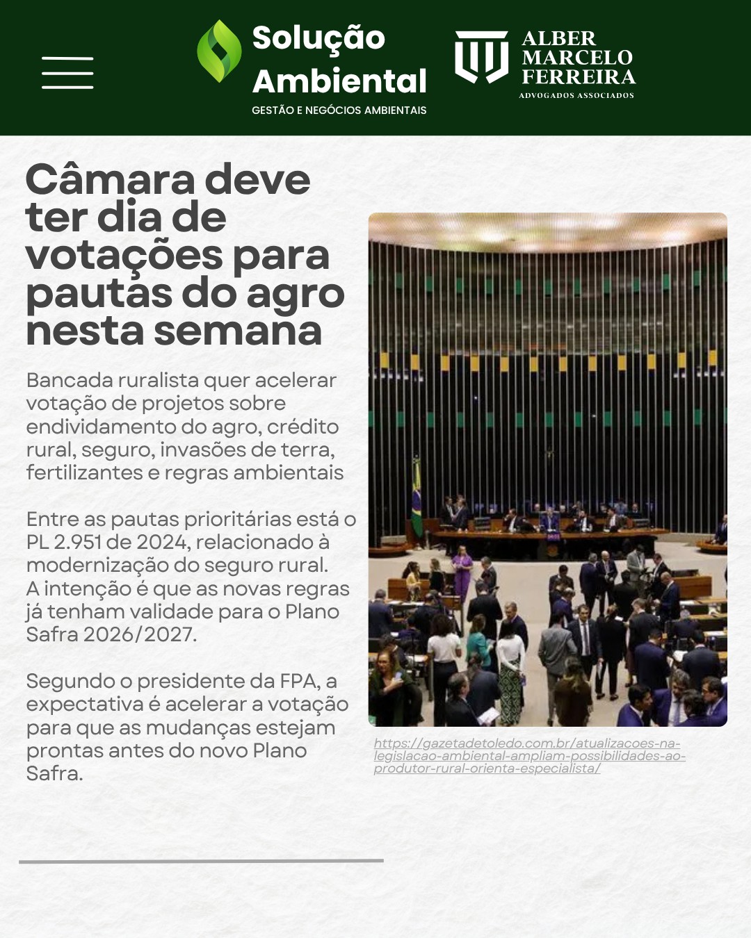 🚜 Produtor rural, atenção às pautas do agro!

A Câmara está votando PLs importantes para o setor, incluindo mudanças no seguro rural (PL 2.951/2024), além de pautas ligadas ao crédito, segurança jurídica e fortalecimento do agronegócio. 🌱

São decisões que podem impactar diretamente o dia a dia no campo, os custos da produção e o planejamento da próxima safra. Quem vive do agro sabe: estar bem informado também faz parte da estratégia. 👀🚜

Fique atento às votações e aos próximos passos dessas propostas! #Agro #ProdutorRural #Agronegocio #PlanoSafra #SeguroRural #AgroBrasil